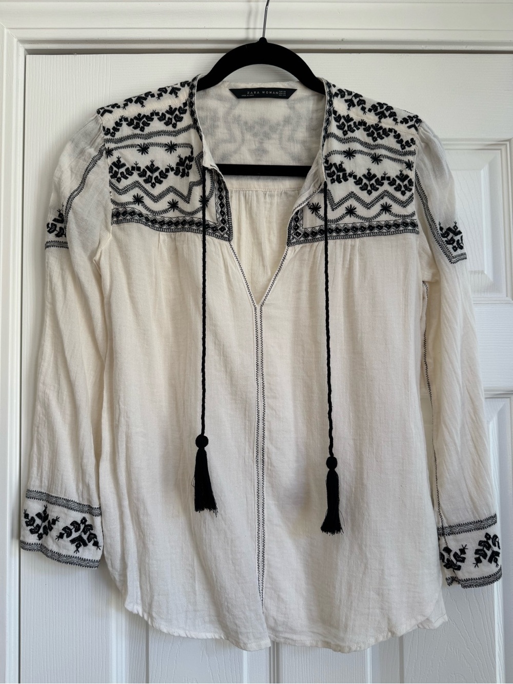 Zara Cream Peasant Tunic with Black Embroidery